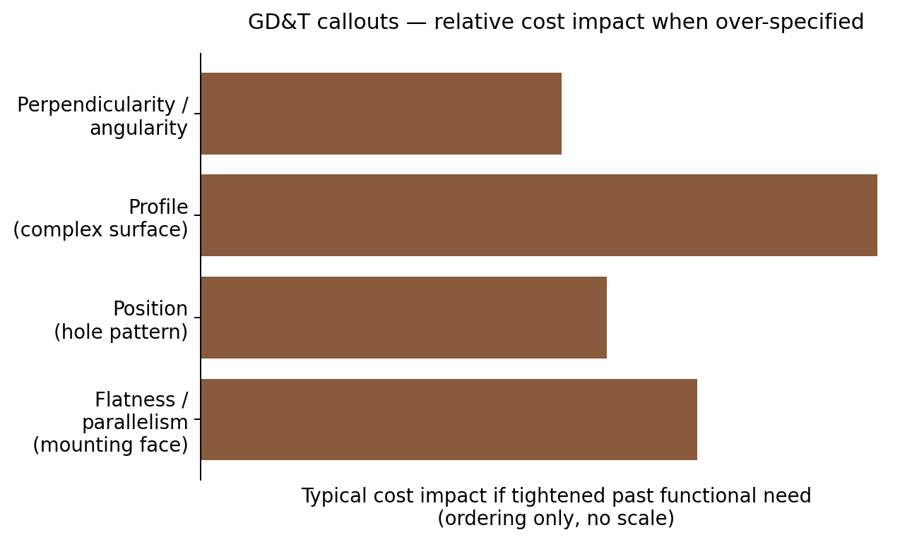Horizontal bar chart showing relative cost impact of over-specified GD&T callouts: flatness or parallelism on a mounting face, position on a hole pattern, profile on a complex surface, and perpendicularity or angularity, ordering only
